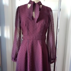 Modcloth Burgundy Swiss Dot Chiffon Sheer Sleeve Dress Neckbow Size 4